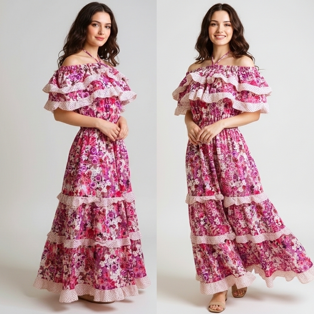 Vintage Floral Halter Maxi Dress Pink White Ruffle Small